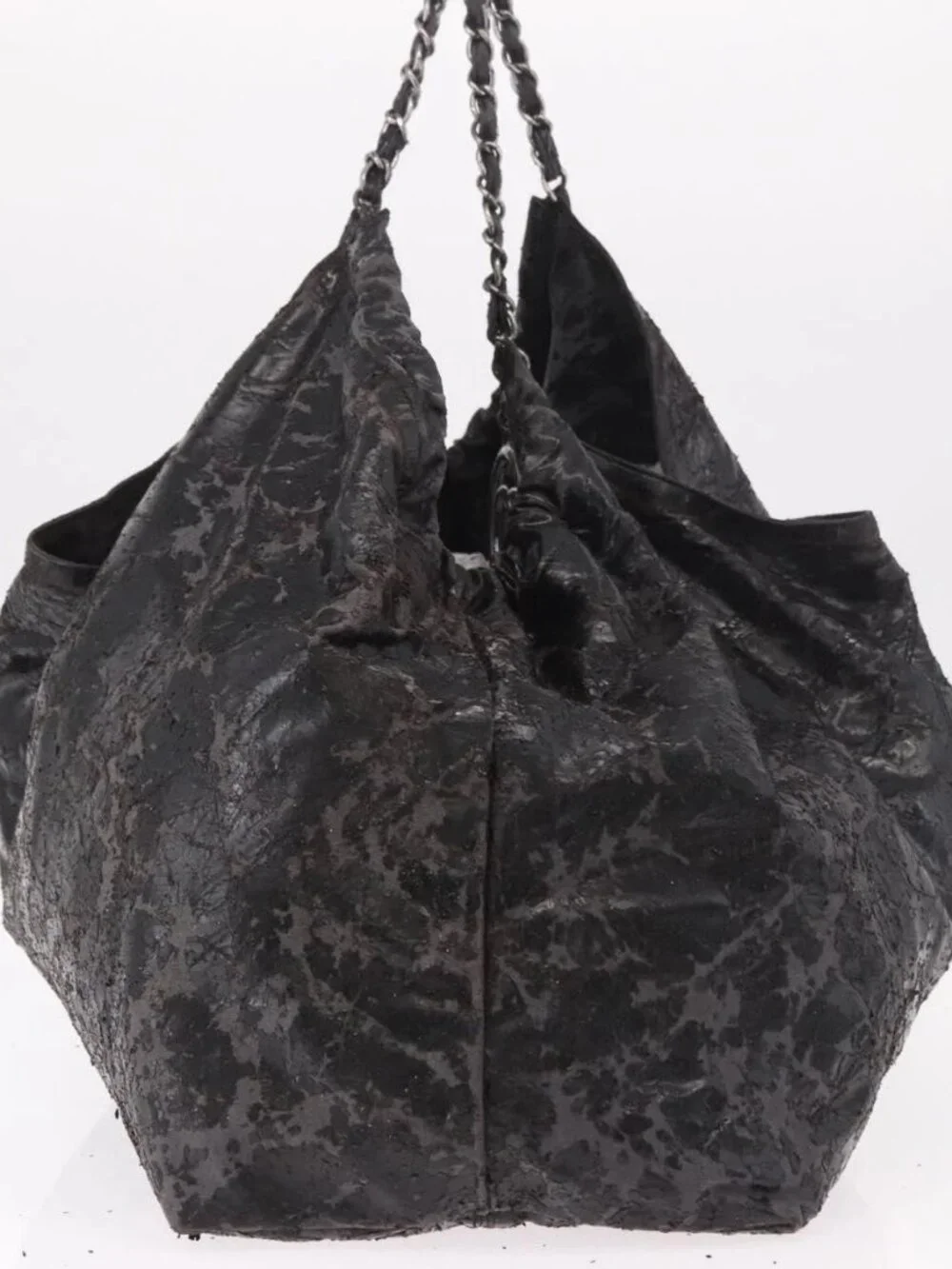 CHANEL Chain Shoulder Bag Coated Canvas Silver Black CC Auth kk553